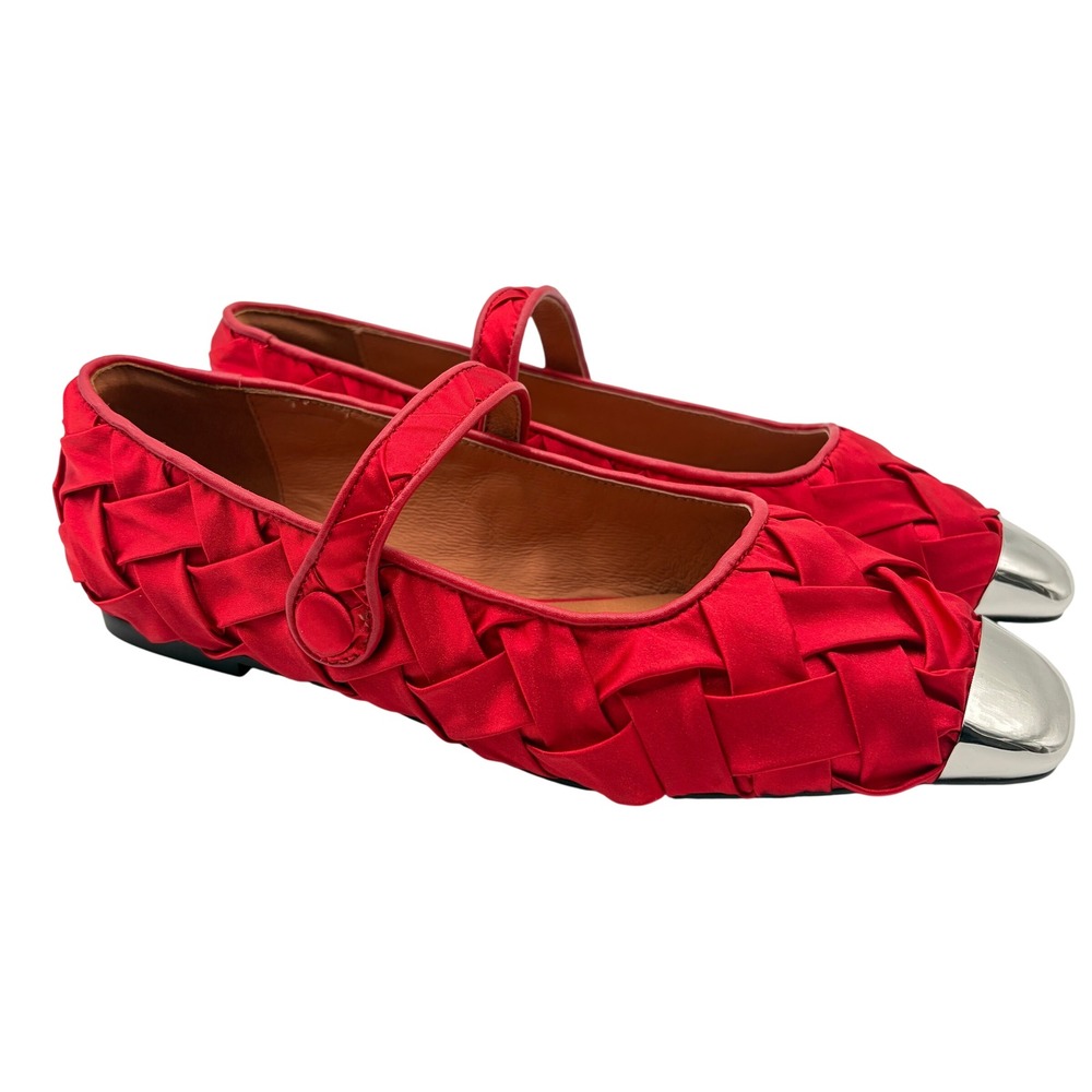 Intentionally Blank Red Woven Mary Jane Flats Women Size 8 Silver Toe Cap Ballet